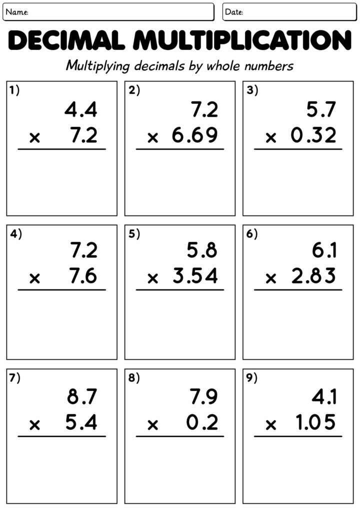 A decimal multiplication worksheet with nine vertical multiplication problems, each showing decimal numbers and blank space for working.