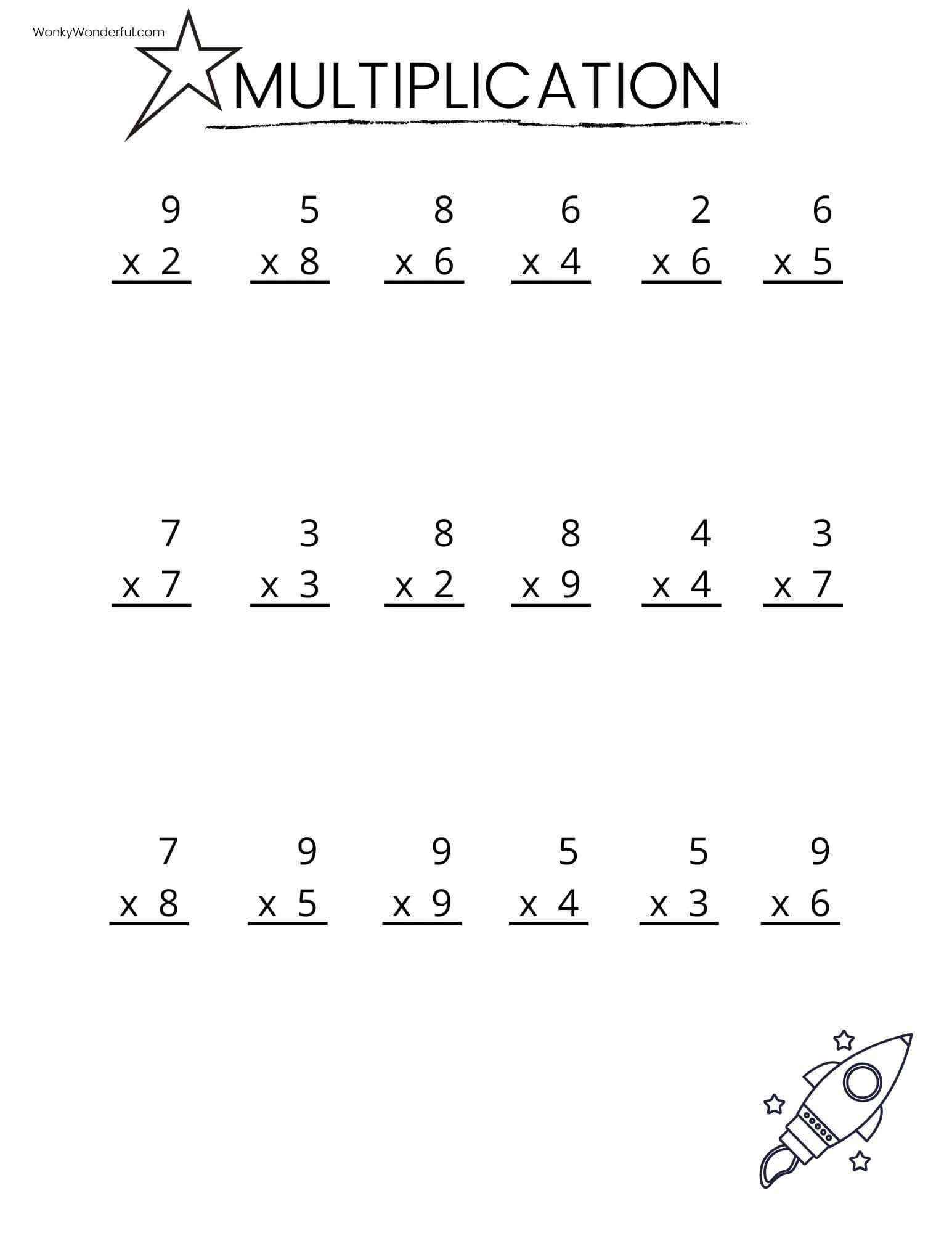 A multiplication worksheet headed “MULTIPLICATION,” with three rows of single-digit multiplication problems and a small rocket illustration in the lower-right corner.