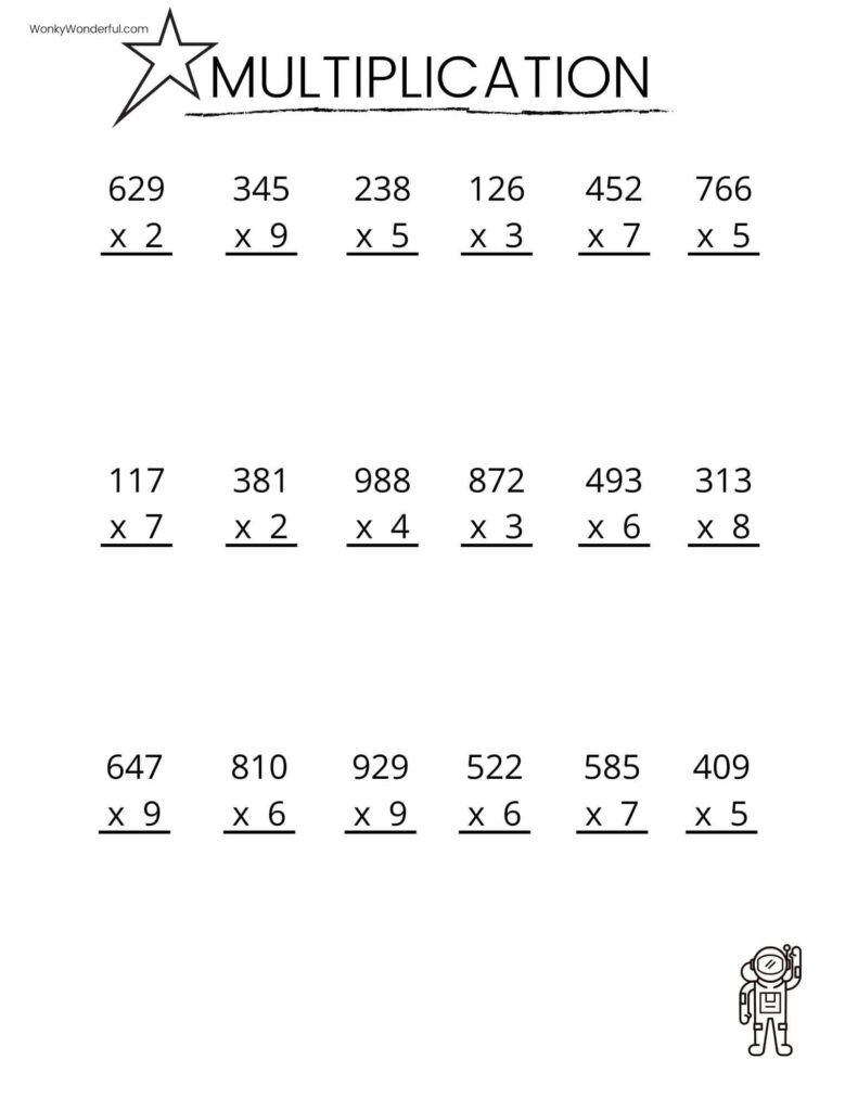 A multiplication worksheet with three rows of six problems, each showing a three-digit number multiplied by a single digit, with an astronaut illustration at the bottom.
