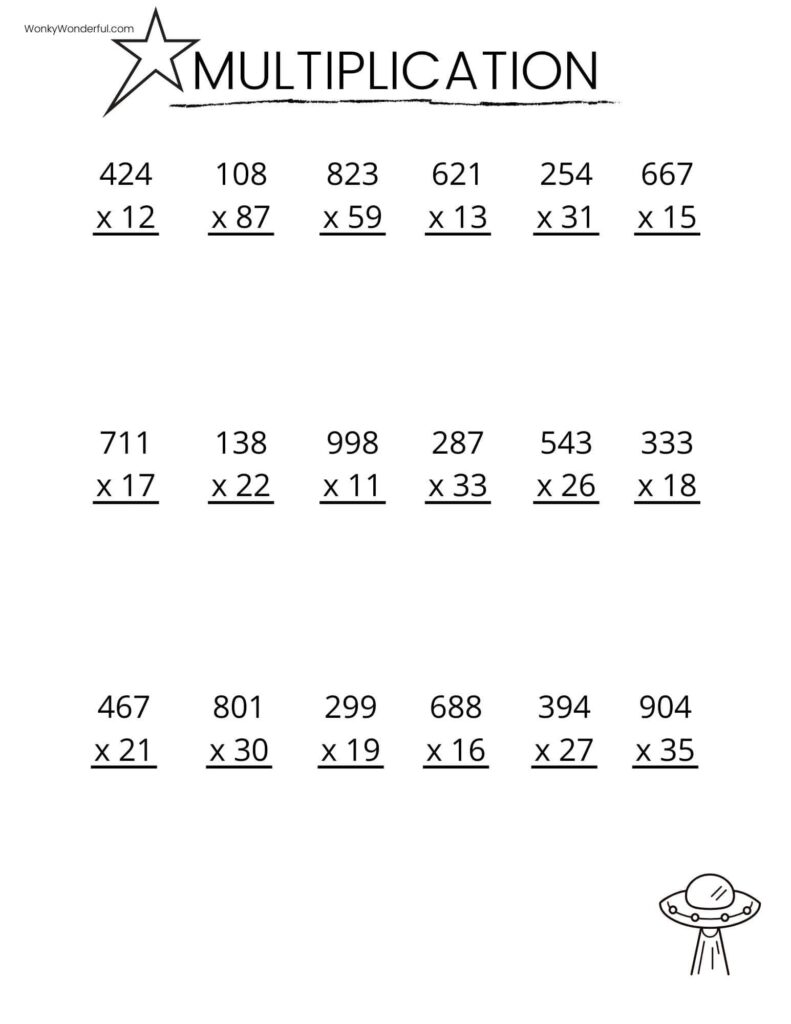 A multiplication worksheet with rows of two- and three-digit multiplication problems and a small UFO illustration in the lower corner.