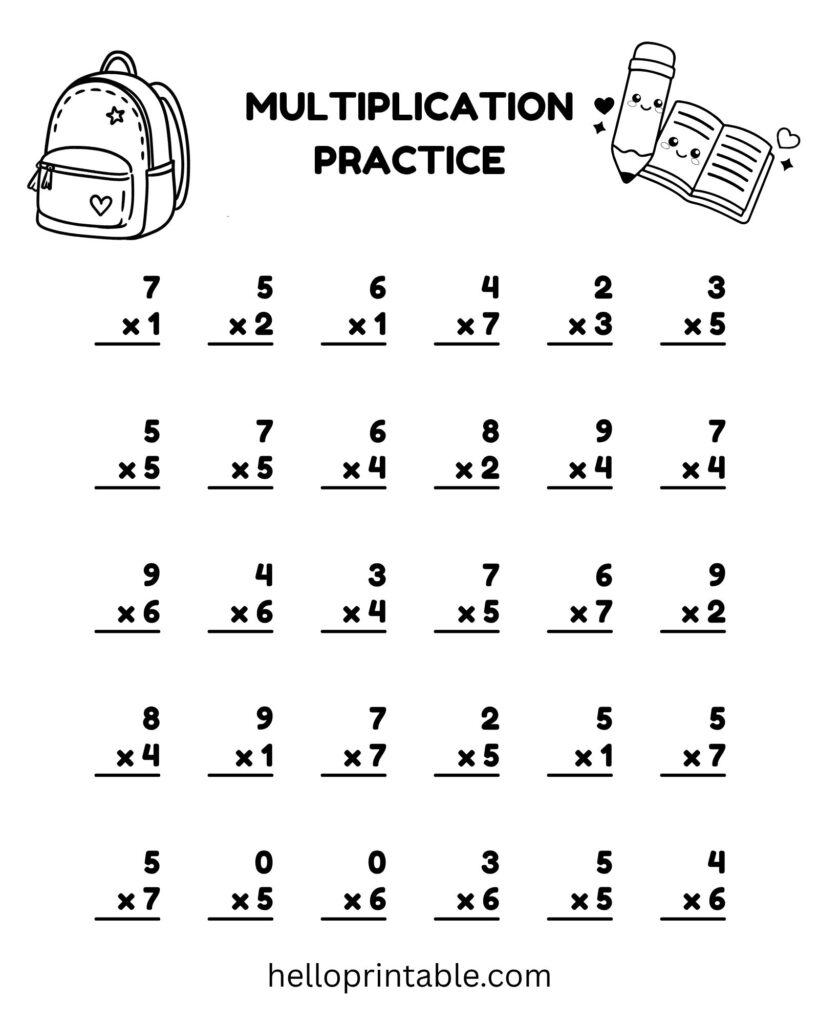 A multiplication practice worksheet with five rows of single-digit multiplication problems, decorated with backpack, pencil, and book illustrations.