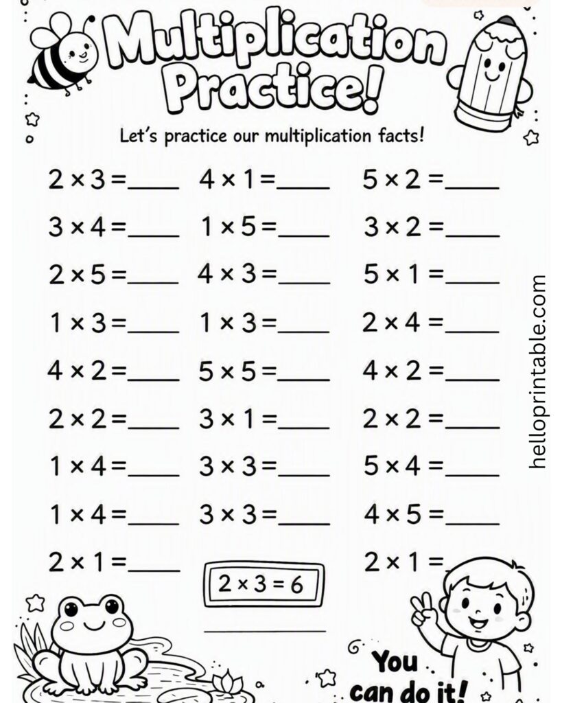 A multiplication practice worksheet with rows of multiplication facts and blank answer lines, decorated with a bee, pencil, frog, and child.