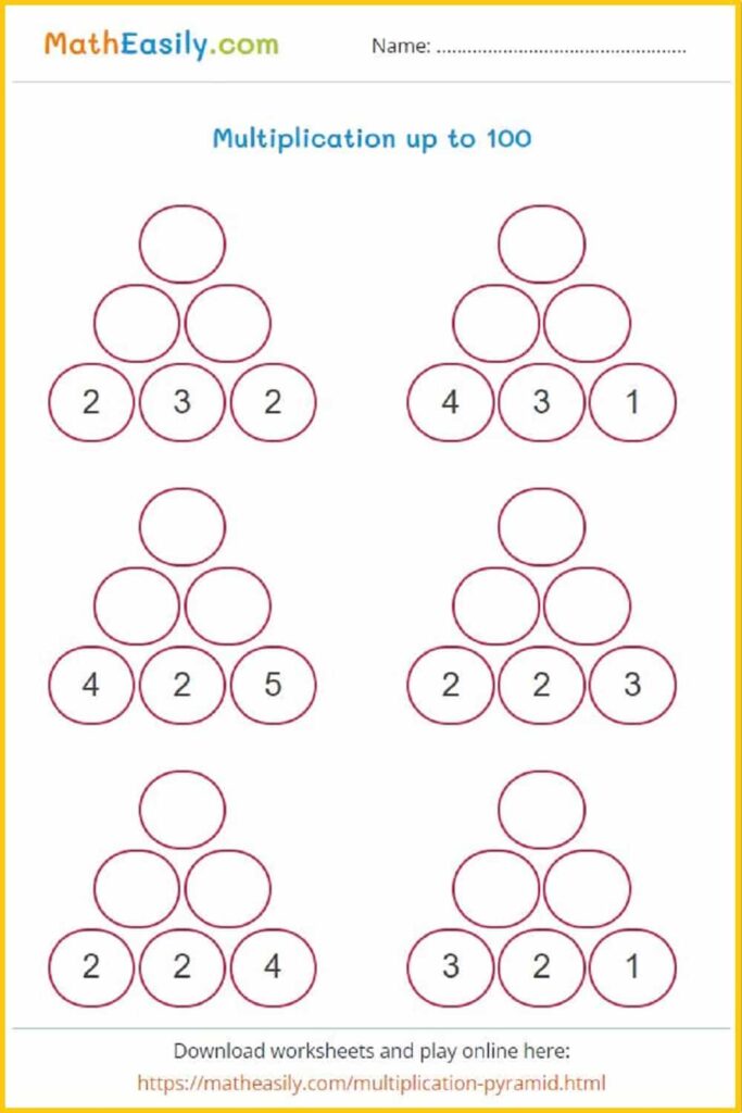 A multiplication worksheet titled “Multiplication up to 100,” with six number pyramids. Each has three given numbers along the bottom row and blank circles above.