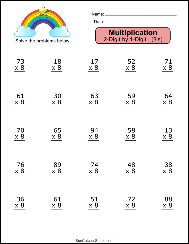 A multiplication worksheet with 25 two-digit numbers to multiply by 8, arranged in five rows beneath a colorful rainbow and name and date lines.