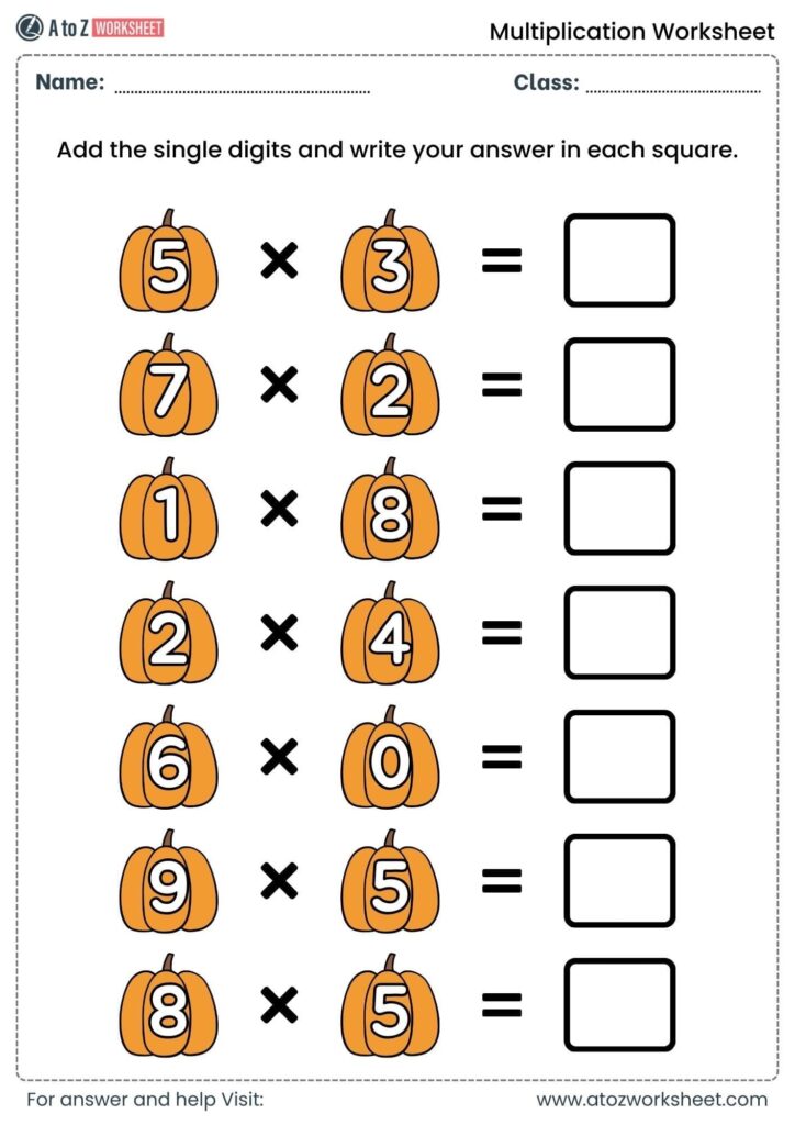 A single-digit multiplication worksheet shows seven problems with pumpkin-shaped numerals, multiplication signs, and blank answer boxes.
