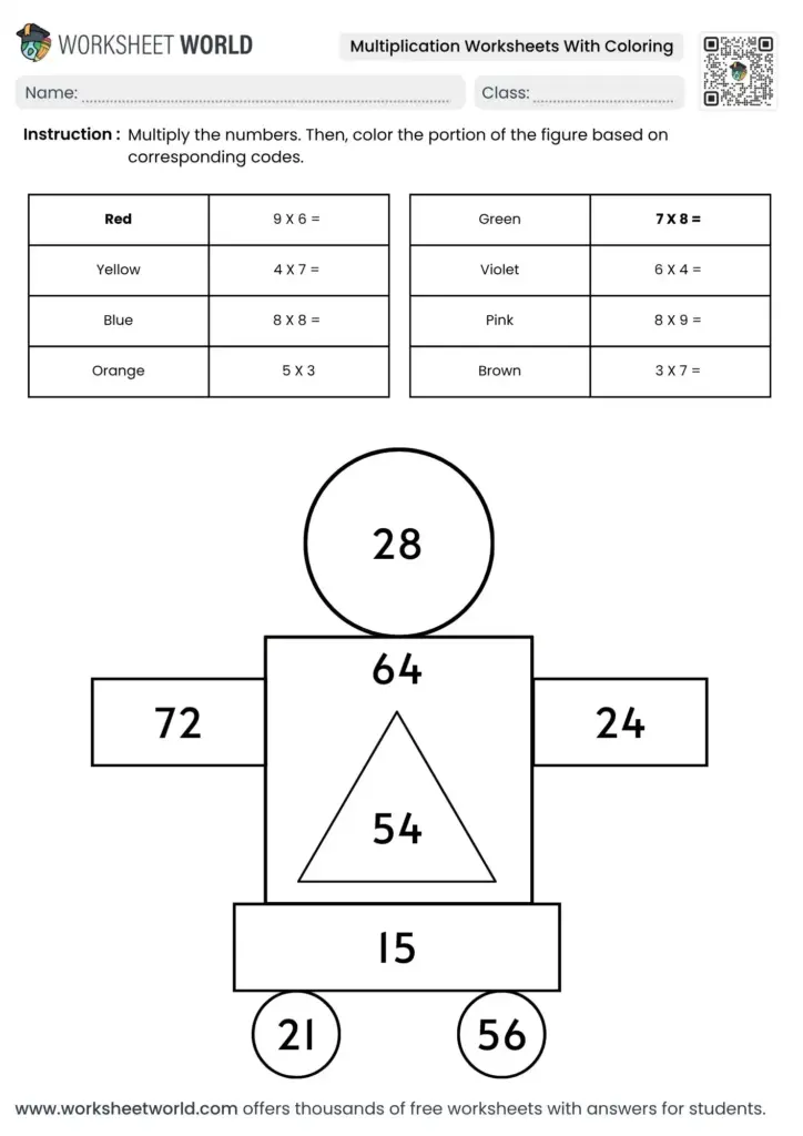 A multiplication worksheet asks students to solve multiplication problems and color parts of a robot-like figure according to matching answer codes.