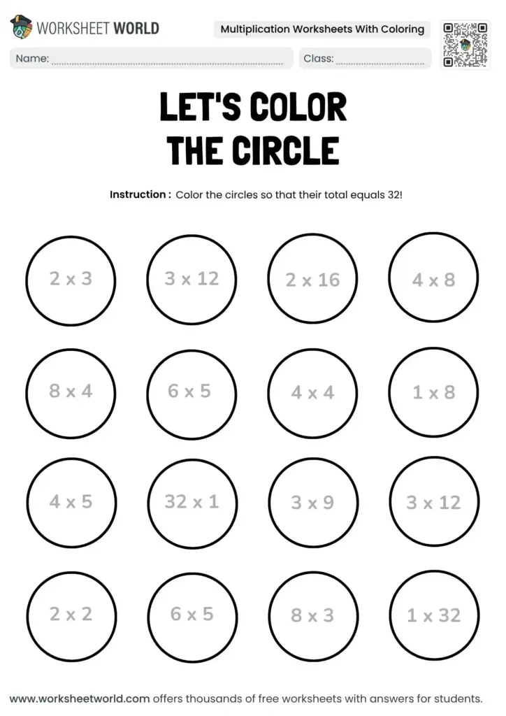 A multiplication coloring worksheet titled “Let’s Color the Circle,” with 16 circles containing multiplication problems and instructions to color circles whose total equals 32.