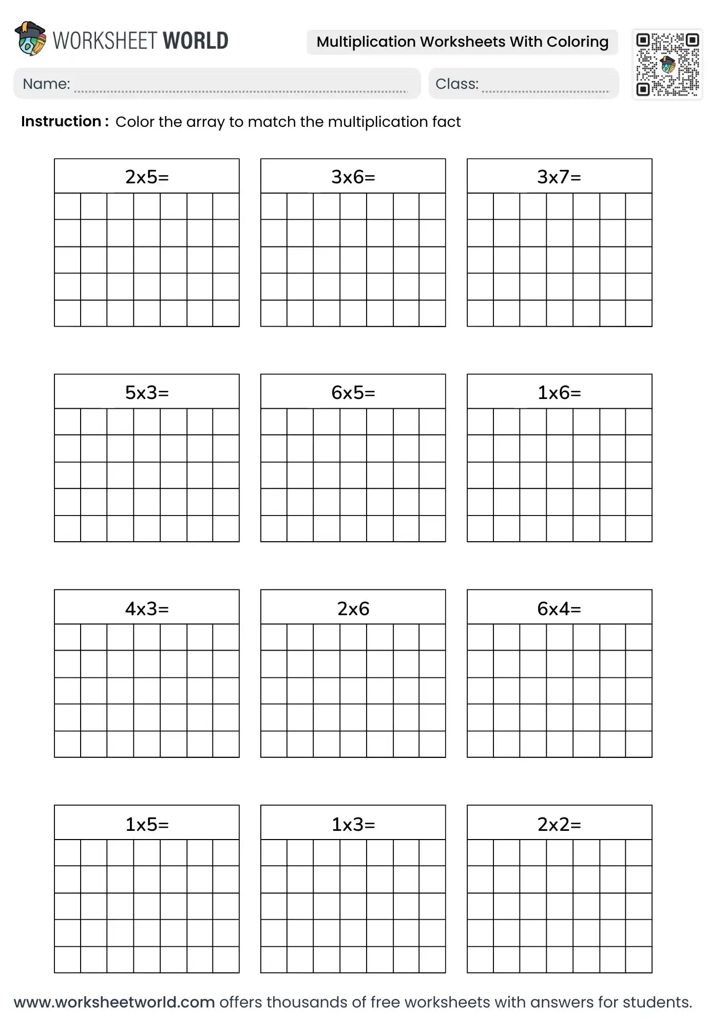 A multiplication worksheet with twelve empty grid arrays labeled with multiplication facts, including 2×5, 3×6, and 2×2.