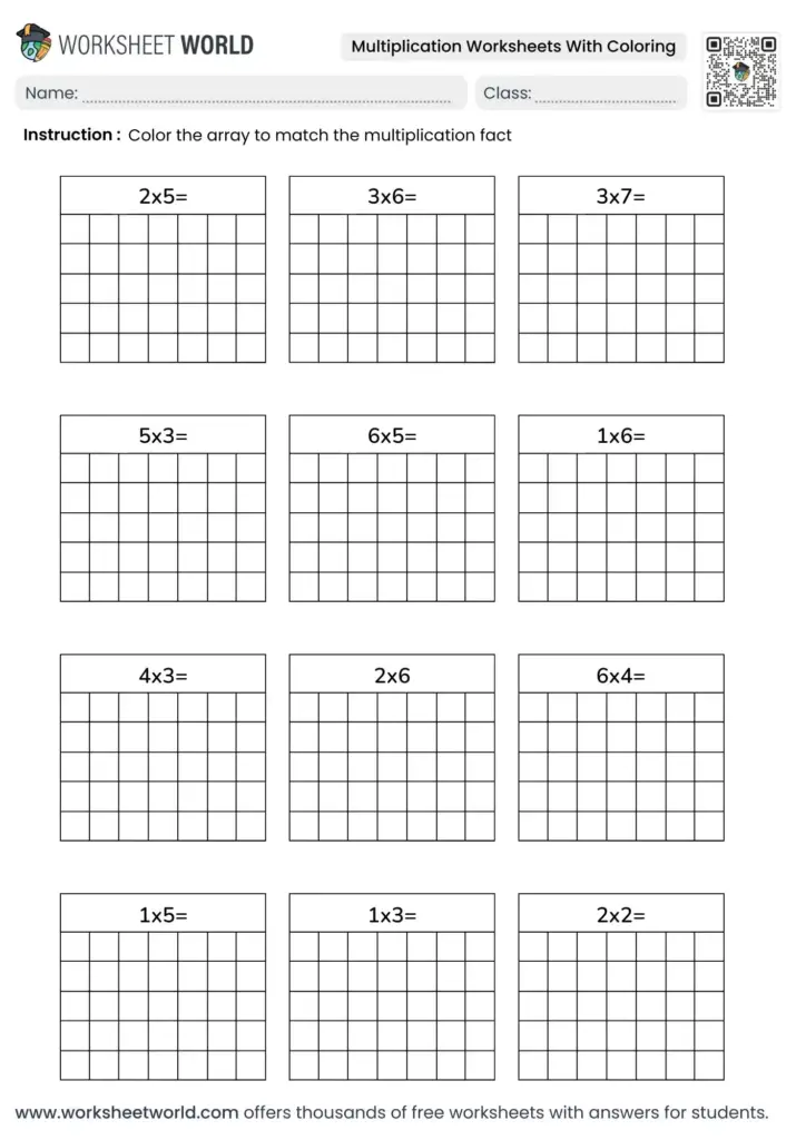 A multiplication worksheet with twelve labeled grid arrays and instructions to color each array to match its multiplication fact.
