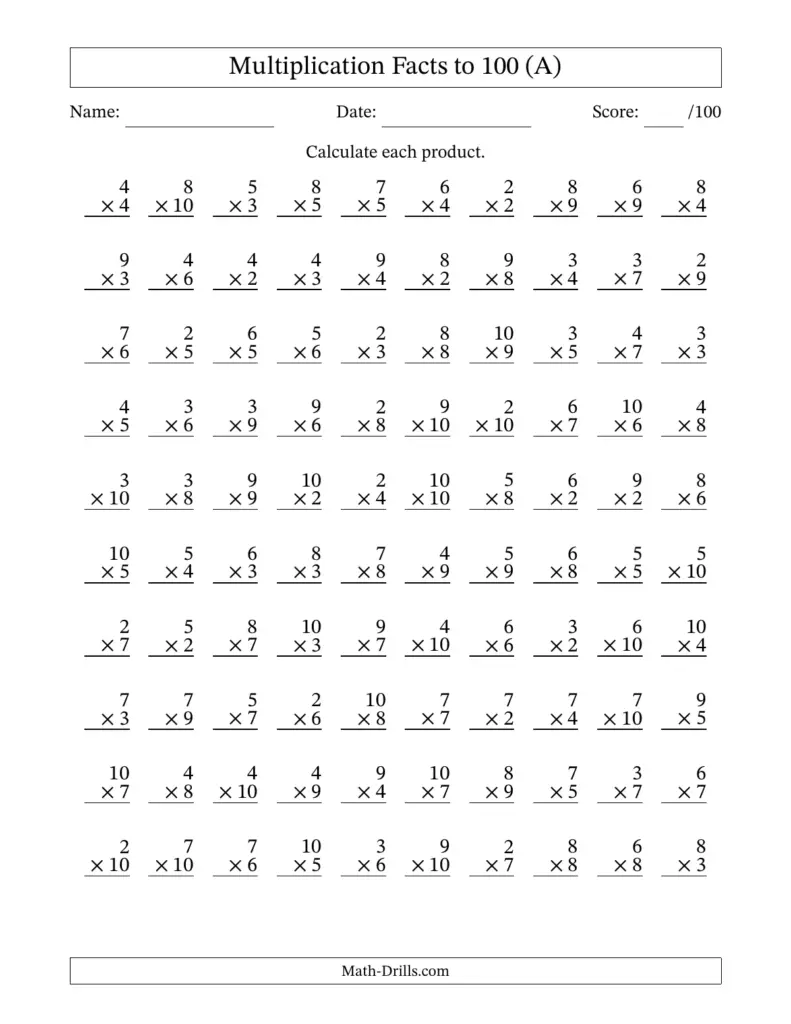 A multiplication worksheet with a name, date, and score line, followed by a grid of two-factor multiplication problems and blank answer lines.