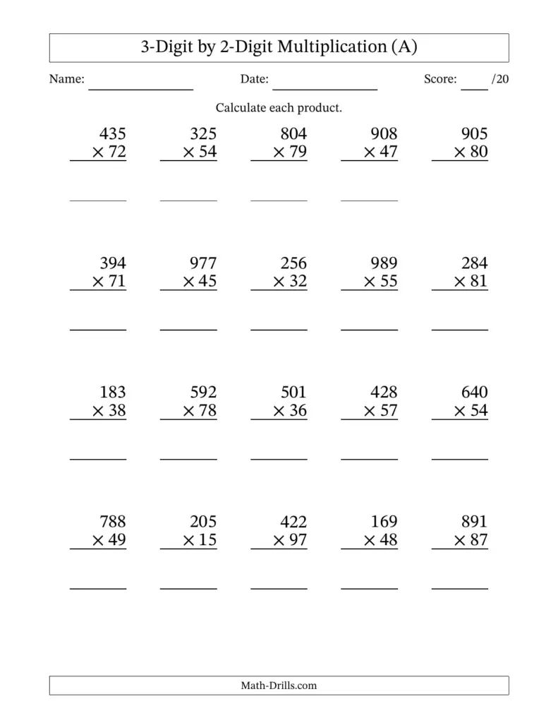 A worksheet with 20 three-digit-by-two-digit multiplication problems arranged in four rows, with blank lines for answers.
