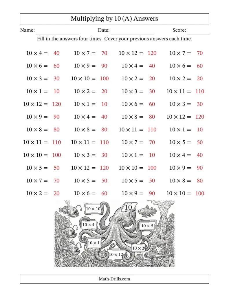 A multiplication-by-10 answer worksheet with rows of equations and red answers, plus an underwater octopus illustration with multiplication labels.