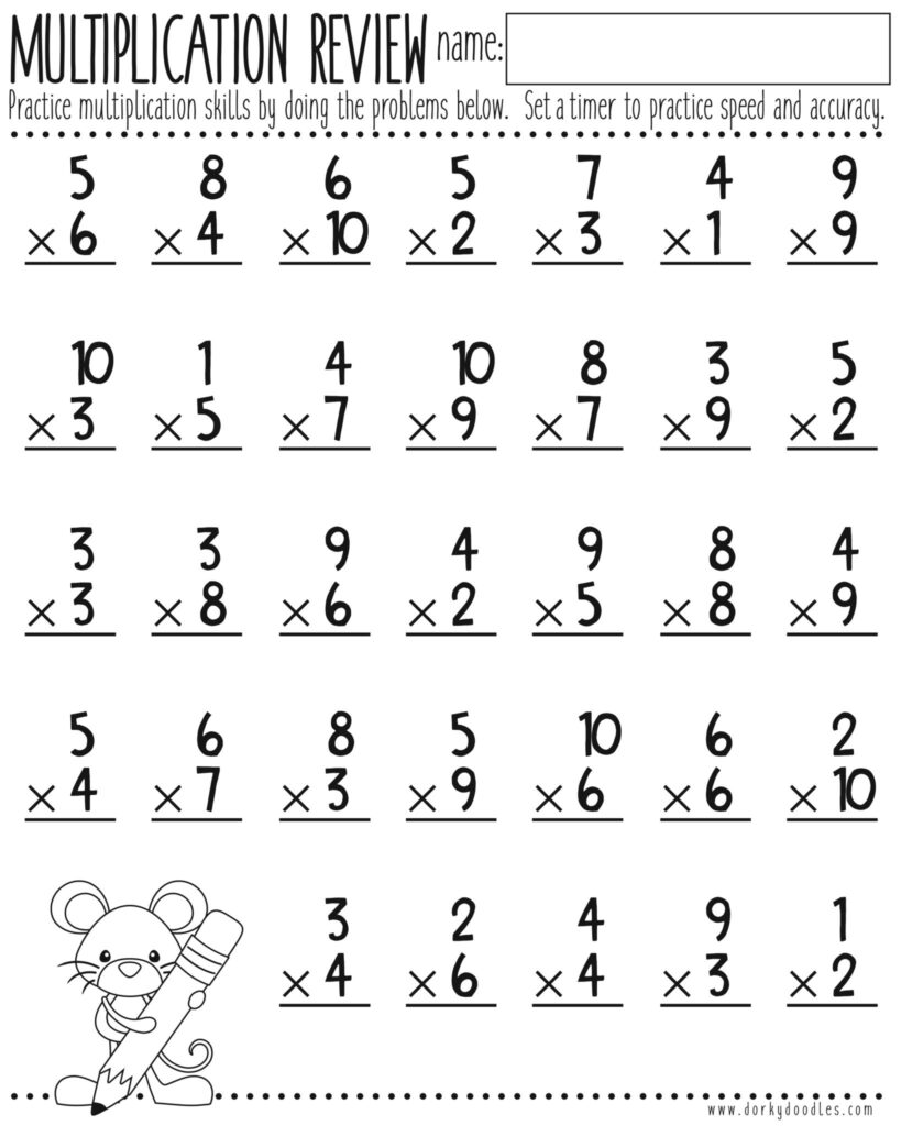A multiplication review worksheet with rows of single-digit multiplication problems, a name field, and a cartoon mouse holding a pencil.