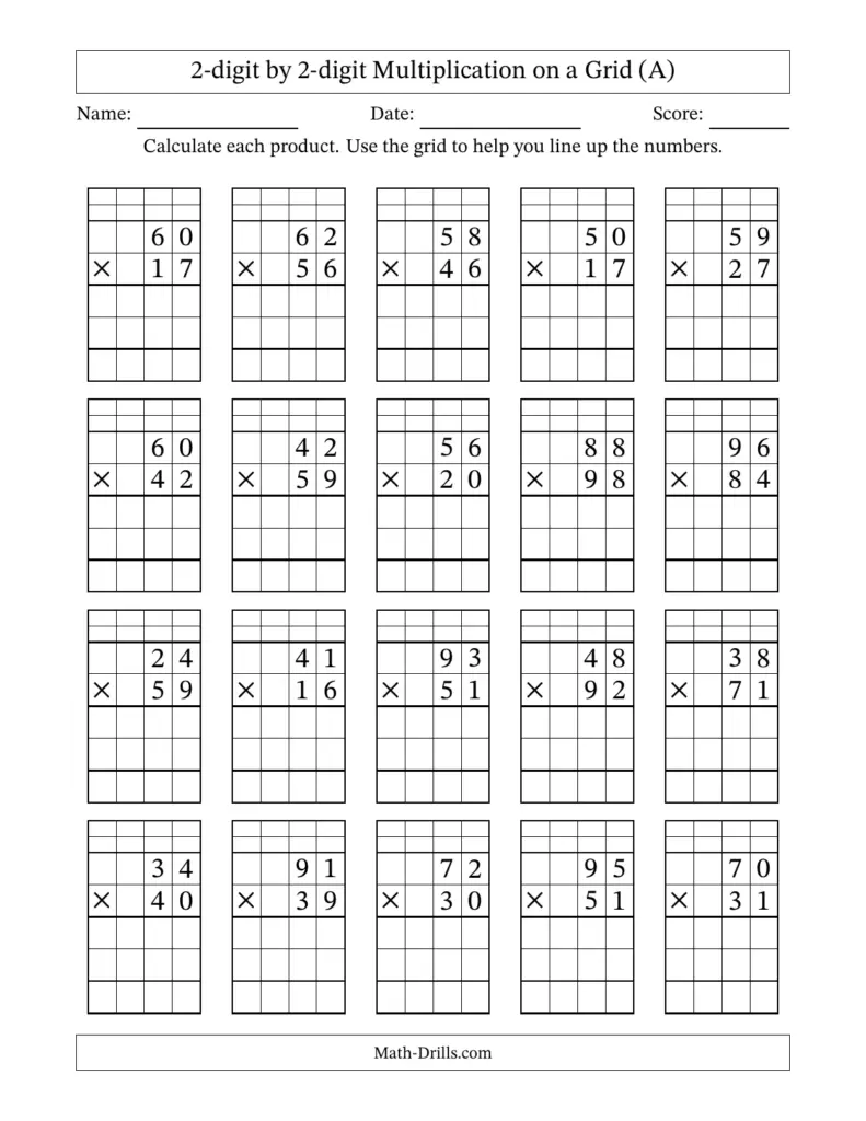 A worksheet titled “2-digit by 2-digit Multiplication on a Grid” with rows of multiplication problems, blank calculation grids, and spaces for name, date, and score.
