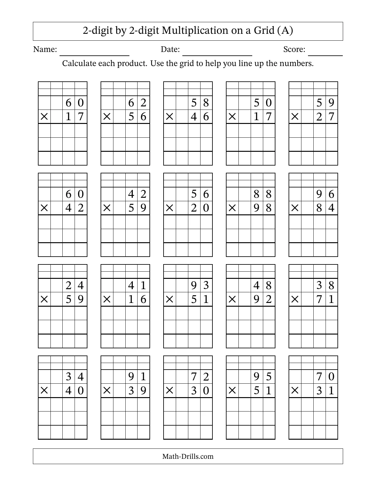 A worksheet titled “2-digit by 2-digit Multiplication on a Grid” with rows of multiplication problems, blank calculation grids, and spaces for name, date, and score.