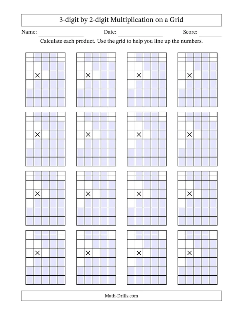 Worksheet titled “3-digit by 2-digit Multiplication on a Grid,” with name, date, and score lines and 16 blank multiplication grids.