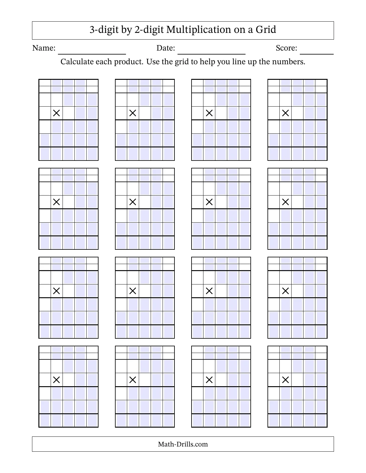 Worksheet titled “3-digit by 2-digit Multiplication on a Grid,” with name, date, and score lines and 16 blank multiplication grids.