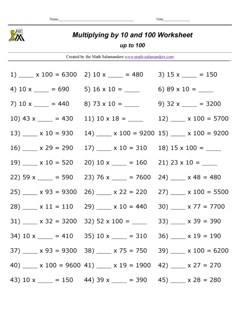 A math worksheet titled “Multiplying by 10 and 100 Worksheet,” with 45 fill-in-the-blank multiplication problems arranged in three columns.