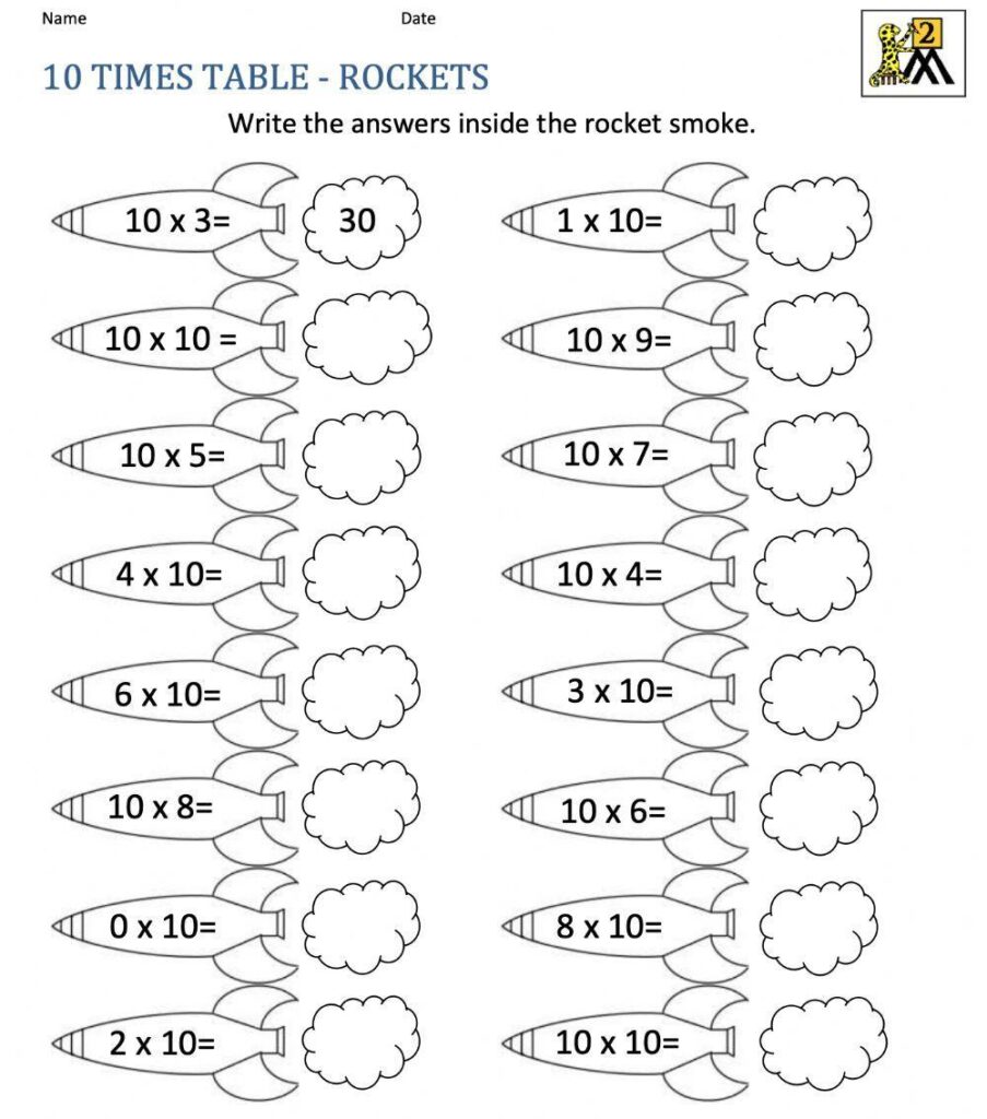 A 10 times table worksheet with two columns of rocket-shaped multiplication problems and cloud-shaped spaces for answers.