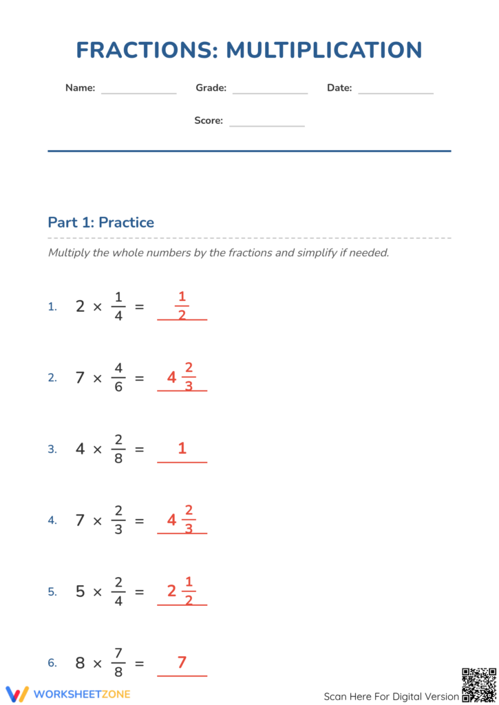 A fractions multiplication worksheet with six problems multiplying whole numbers by fractions and red answers filled in.