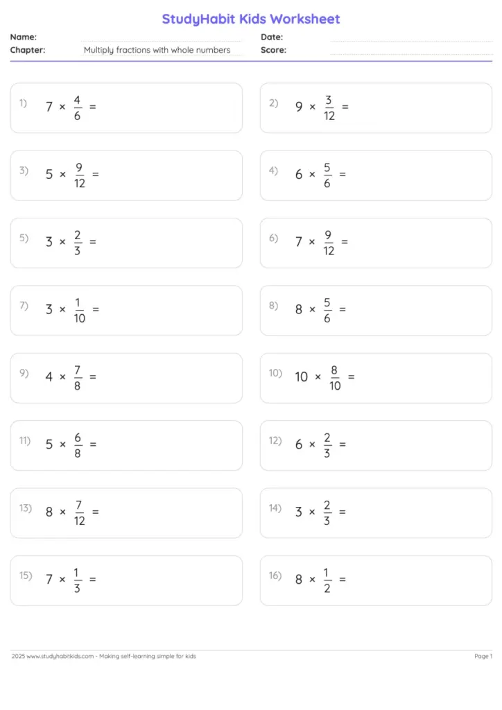 A worksheet with 16 problems multiplying whole numbers by fractions, arranged in two columns with blank answer spaces.