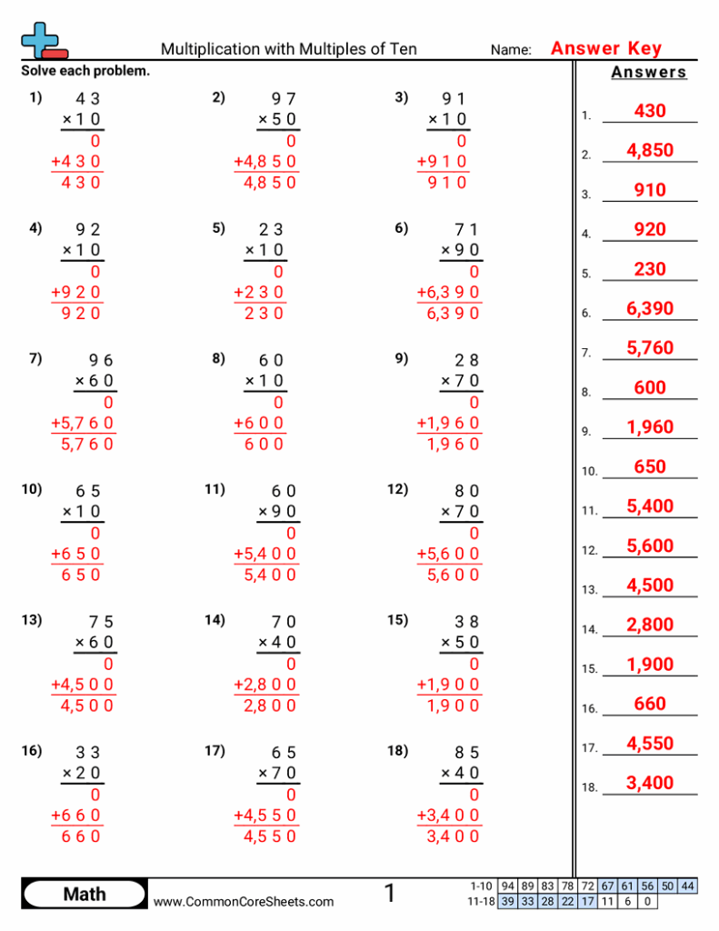 A math worksheet titled “Multiplication with Multiples of Ten,” with 18 vertical multiplication problems and a red-numbered answer key along the right side.