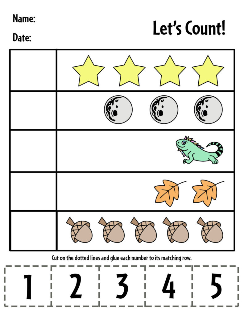 A counting worksheet titled “Let’s Count!” shows rows of stars, moons, a lizard, leaves, and acorns, with numbers 1–5 to cut out and glue beside the matching rows.