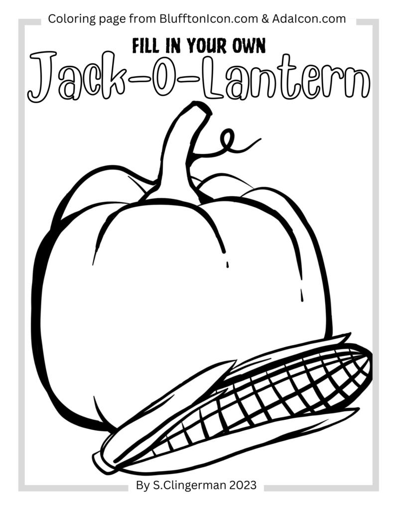 Black-and-white coloring page with a large uncarved pumpkin, curved stem, and an ear of corn in front.