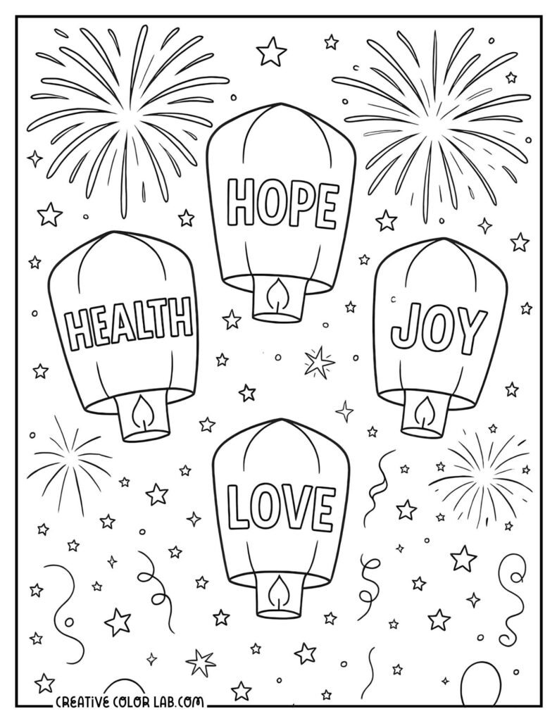 New Year’s coloring page with outlined fireworks, stars, and four lanterns labeled “HOPE,” “HEALTH,” “JOY,” and “LOVE.”.