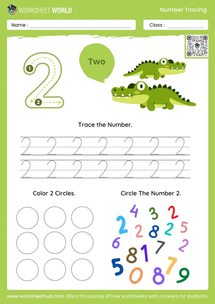 A number 2 worksheet with crocodile illustrations, dotted tracing lines, circles to color, and a number-selection activity.