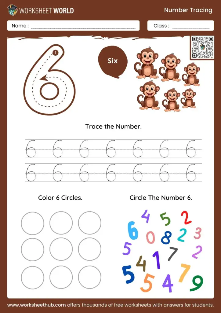 A number-six worksheet with a large tracing guide, dotted sixes to trace, circles to color, and a number-identification activity.