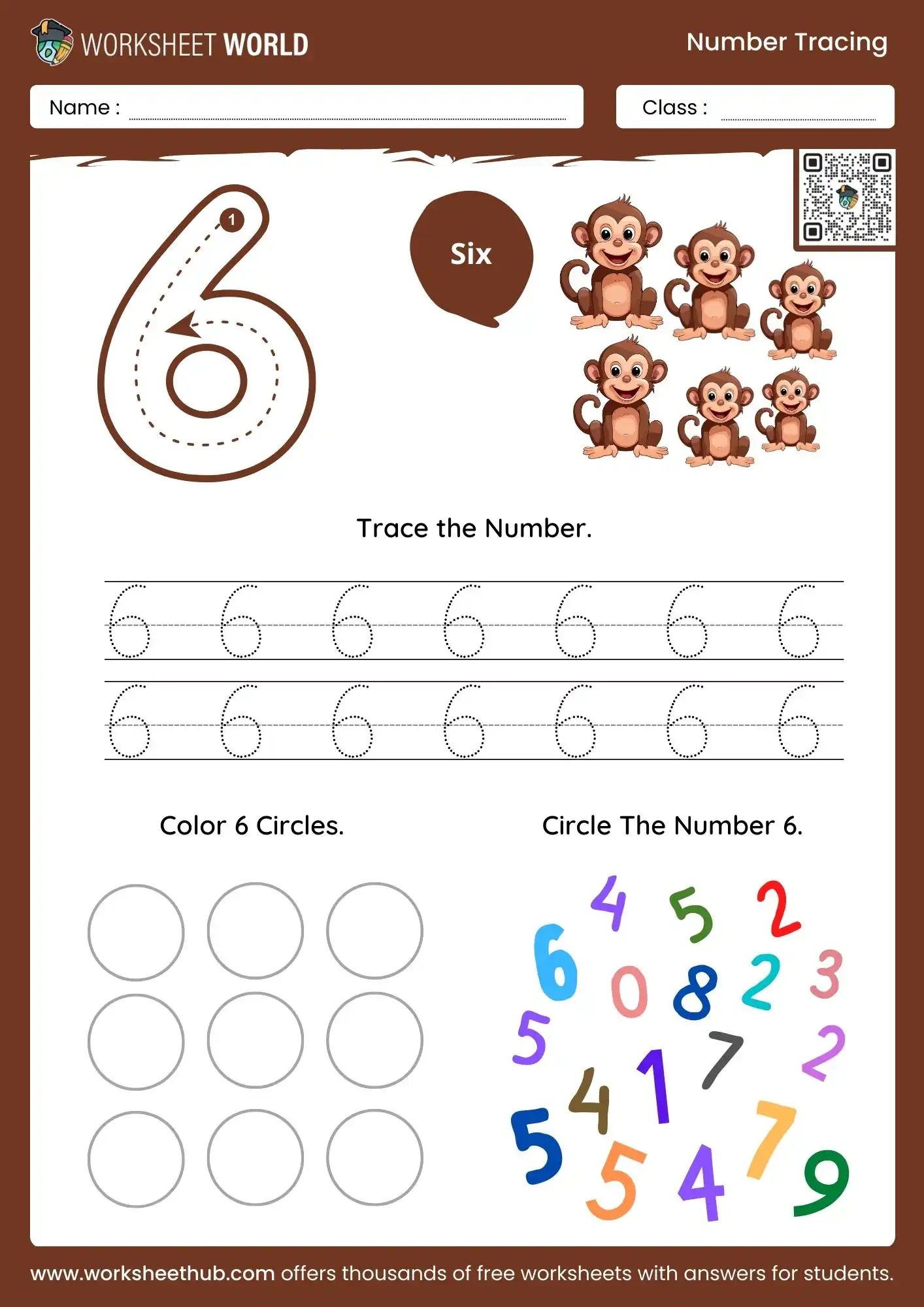A number-six worksheet with a large tracing guide, dotted sixes to trace, circles to color, and a number-identification activity.