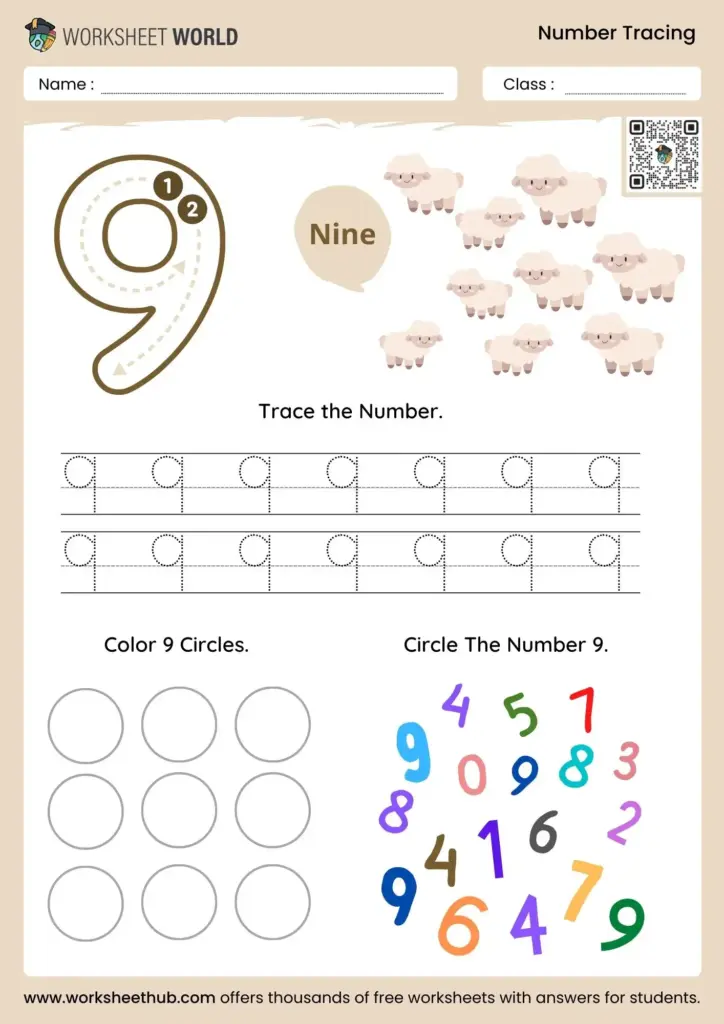 A number 9 worksheet with a large outlined nine, dotted tracing rows, nine empty circles to color, and a group of colorful digits for students to find and circle the nines.