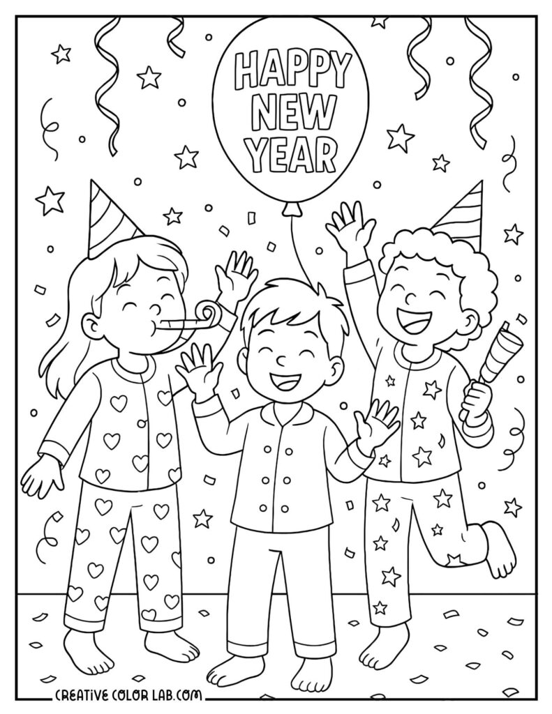 Black-and-white New Year coloring page showing three children celebrating beneath a “Happy New Year” balloon, with party hats, confetti, stars, and streamers.