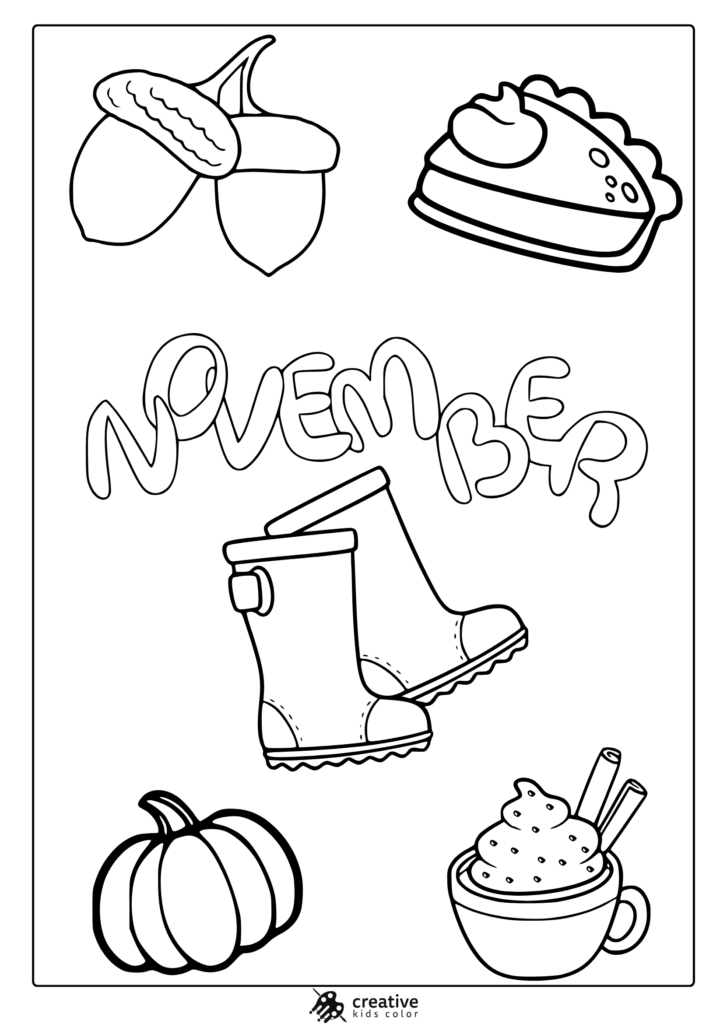 November coloring page with outlined acorns, a pie slice, rain boots, a pumpkin, and a cup of marshmallow-topped cocoa.