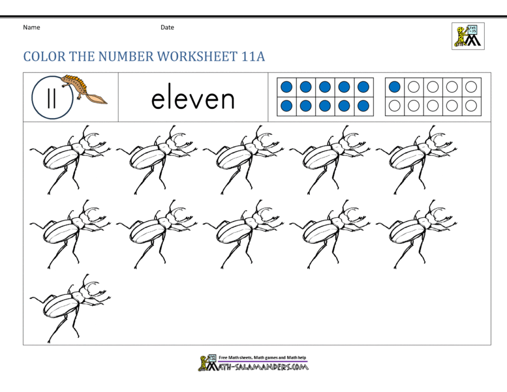 A number 11 coloring worksheet shows the numeral and word “eleven,” ten-frame counters, and eleven outlined beetles to color.