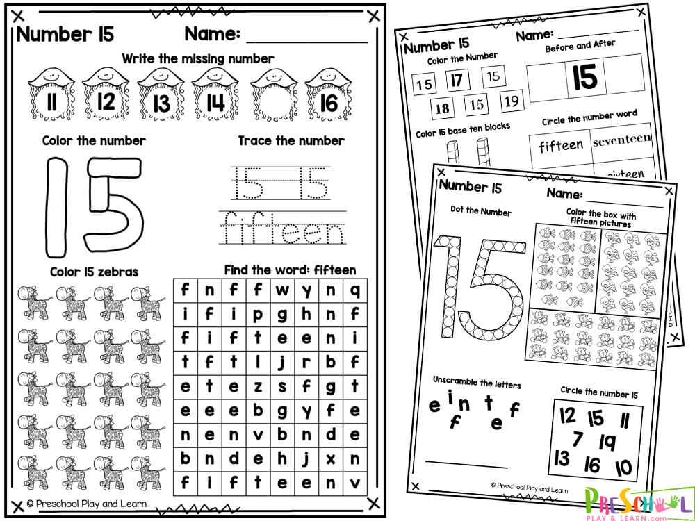 Two number 15 worksheets with missing-number practice, numeral and word tracing, zebra coloring, a word search, and counting and circling activities.
