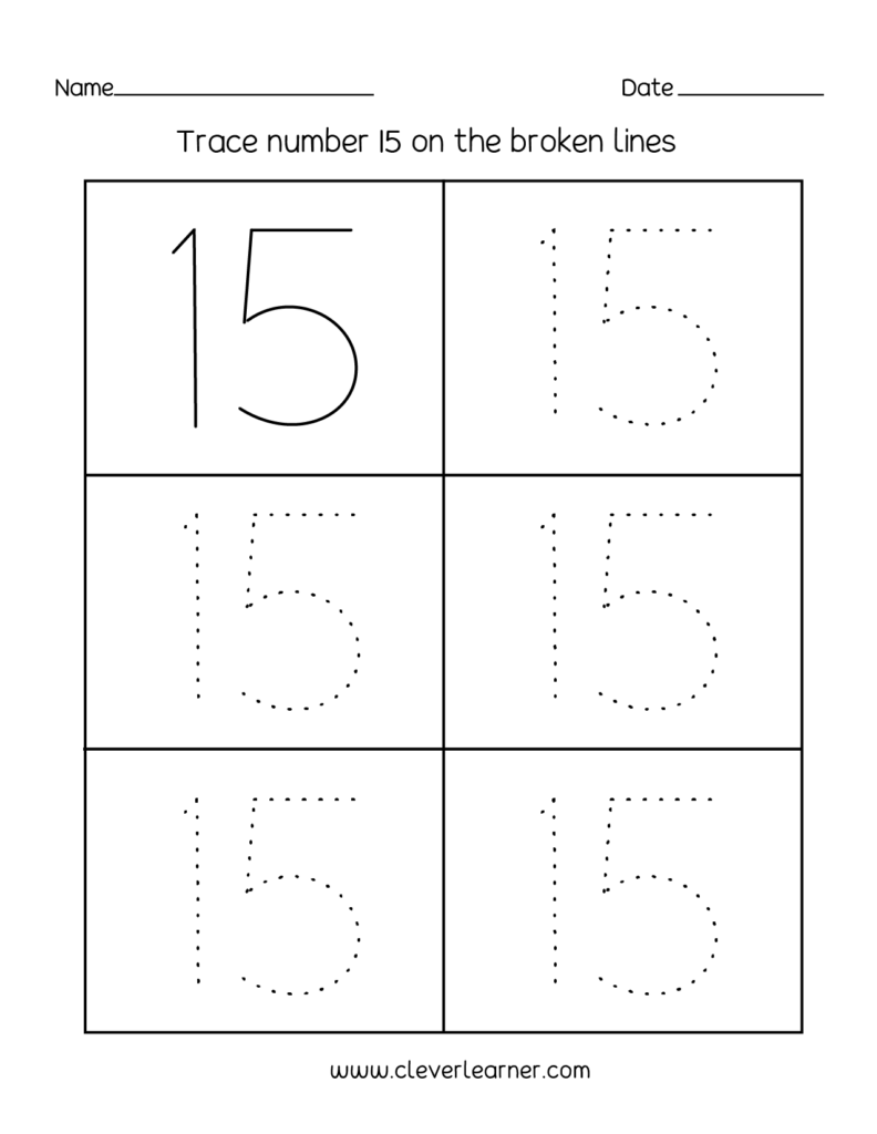 A number-tracing worksheet headed “Trace number 15 on the broken lines,” with one model 15 and five dotted 15s arranged in a two-column grid.