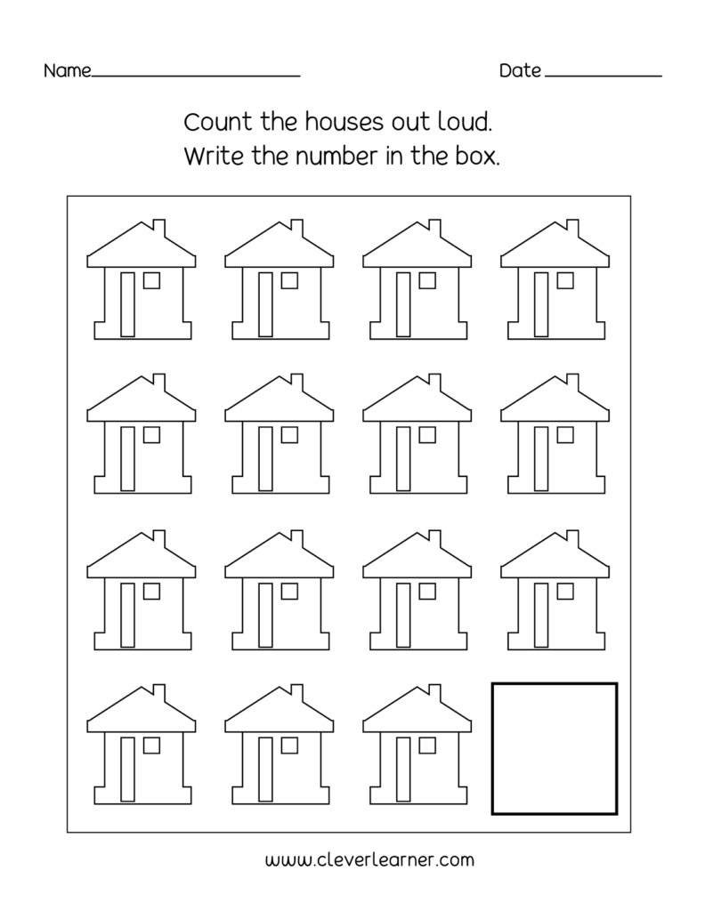 A worksheet asks children to count the outlined houses aloud and write the number in a box; fifteen houses appear in rows, with the final box empty.