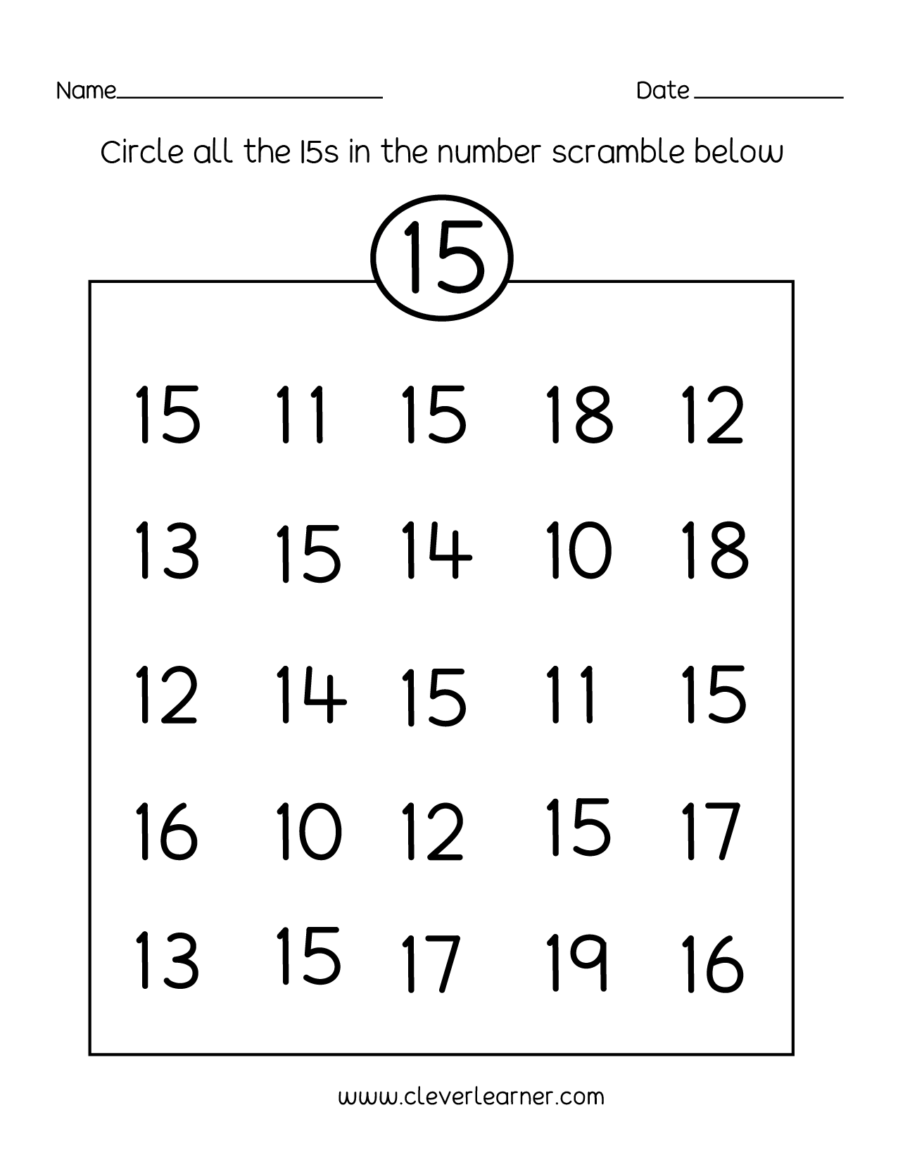 A number-recognition worksheet asks students to circle all the 15s in a five-row number scramble, with name and date lines at the top.