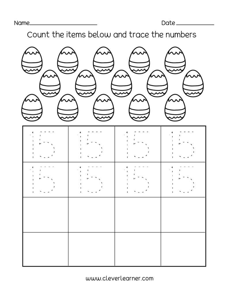 Preschool counting worksheet with 15 decorated eggs above a grid containing dotted number 15 tracing examples and blank practice cells.