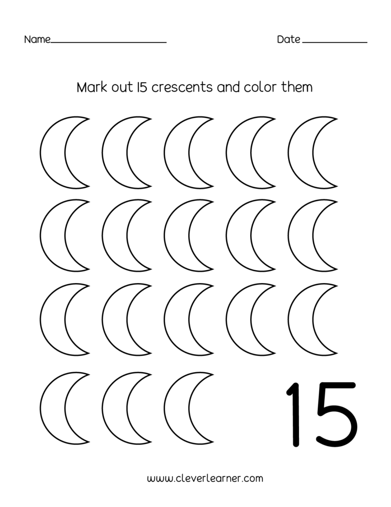Preschool worksheet with rows of outlined crescent moons, the instruction to mark and color 15 crescents, and a large number 15.