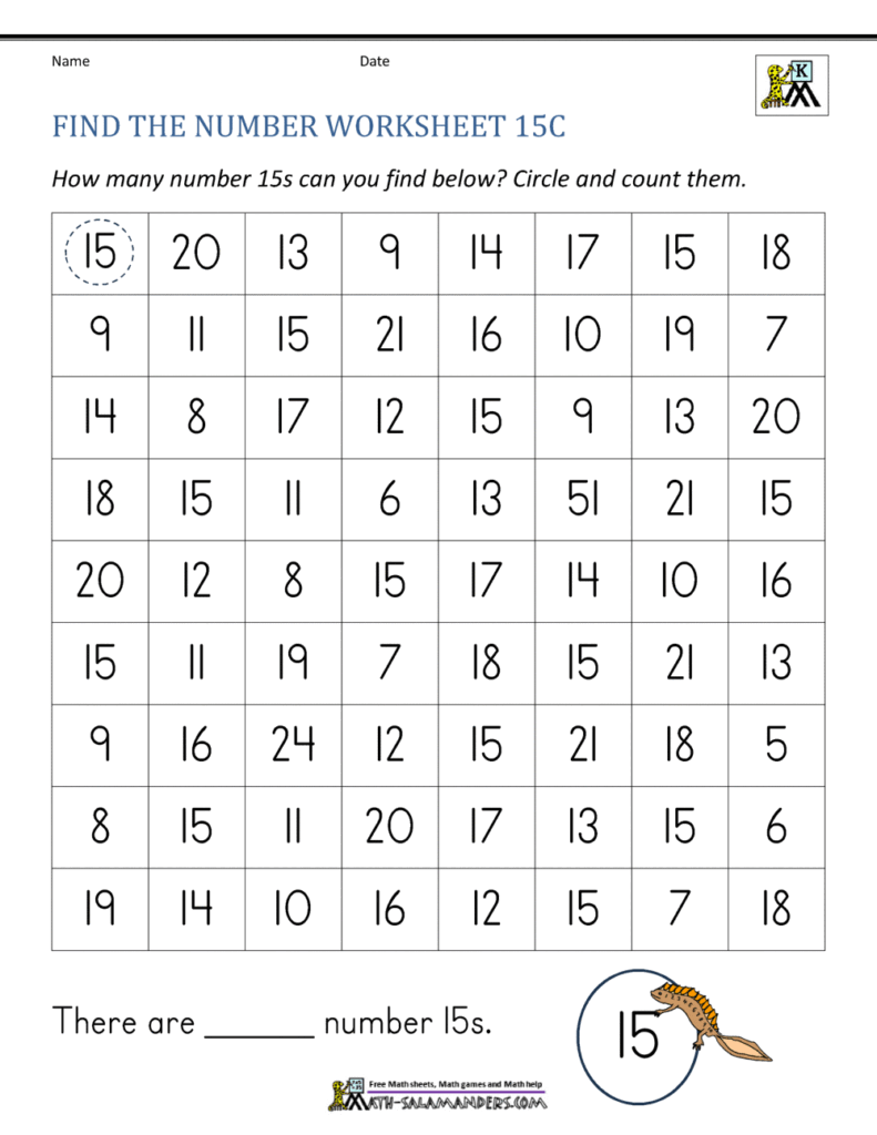 A number worksheet asks students to find and circle each 15 in a grid, then write how many they found. One 15 is circled as an example.