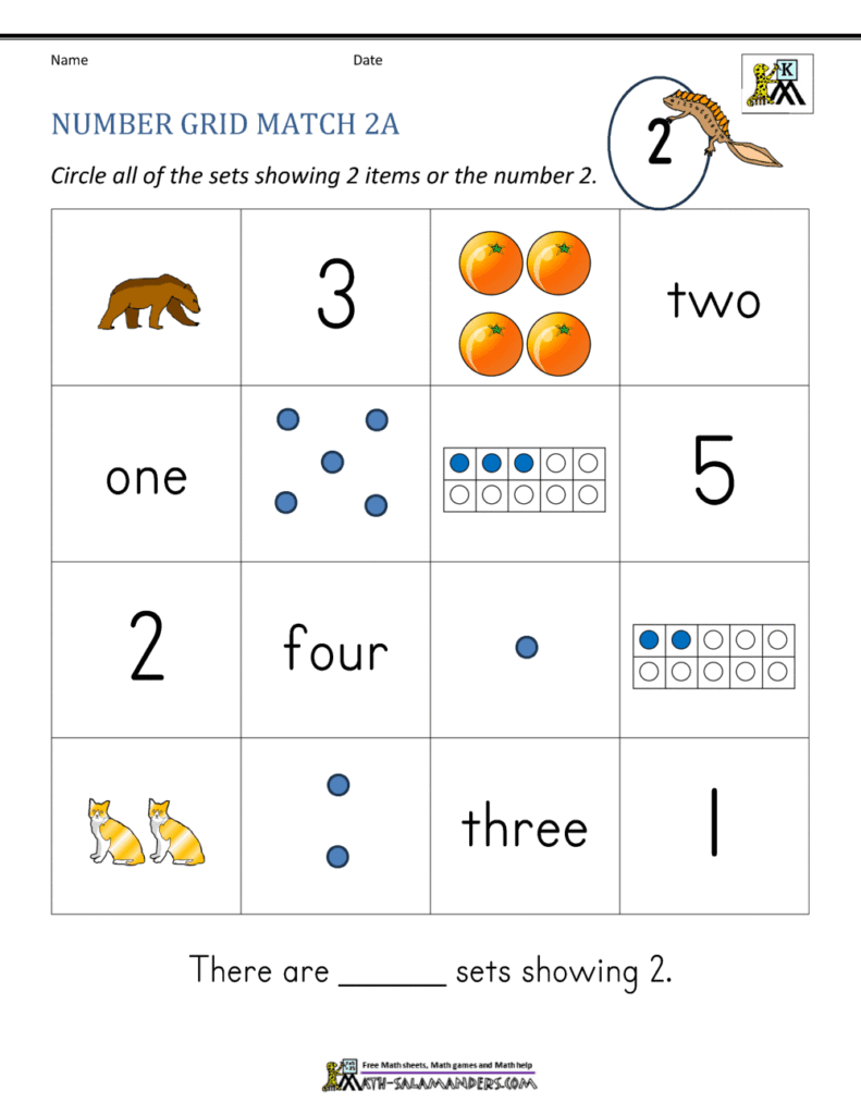 A number grid worksheet asks students to circle each set showing two. The grid includes numerals and number words, dots, ten-frames, and pictures of animals and oranges.