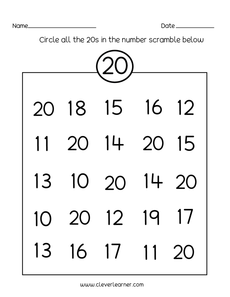 A number worksheet with a 20 reference and a grid of numbers from 10 to 20, asking students to circle all the 20s.