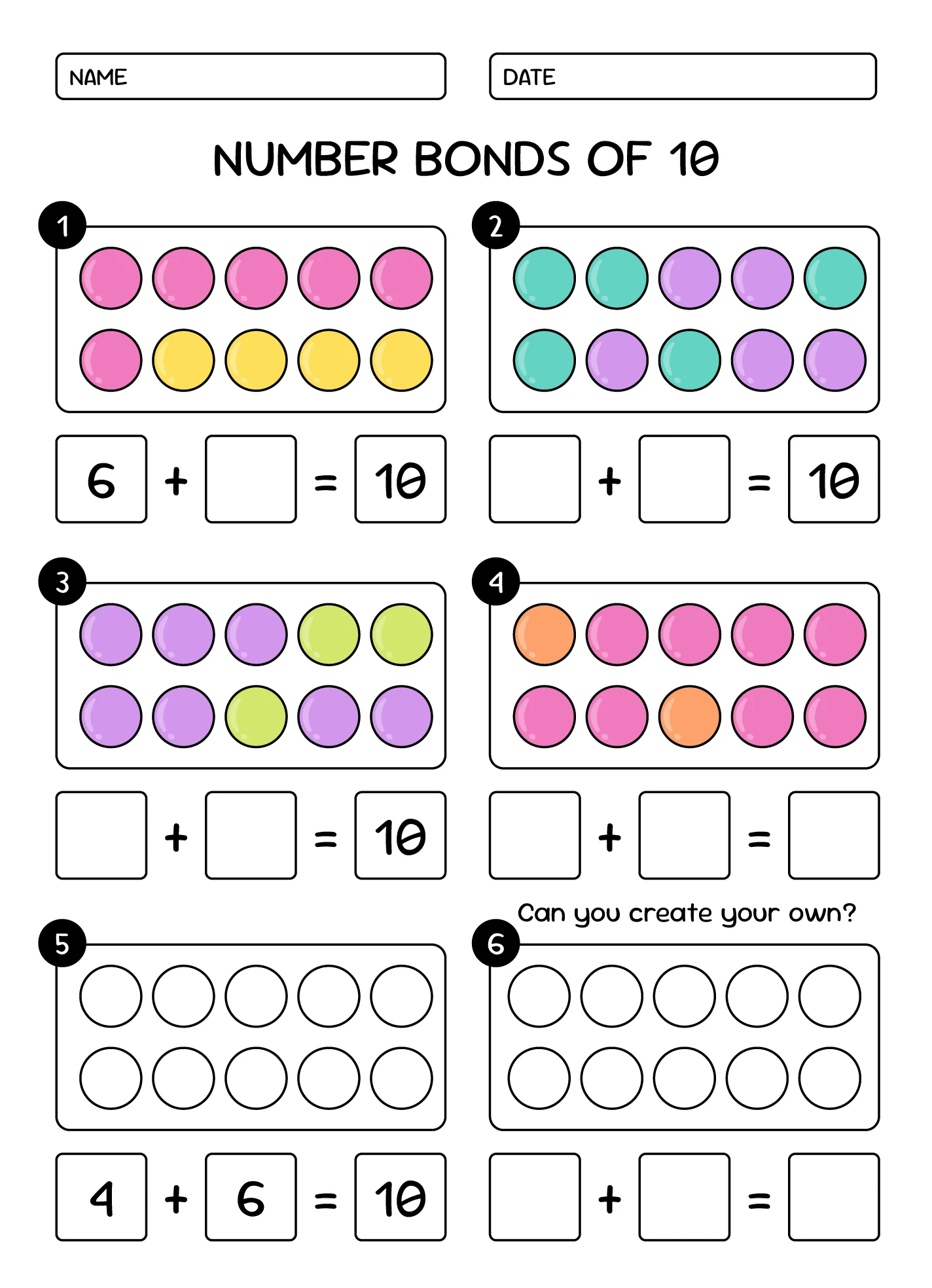 Number bonds worksheet with six ten-frame activities. Colored counters illustrate addition combinations, while blank frames and answer boxes invite students to complete equations totaling 10.
