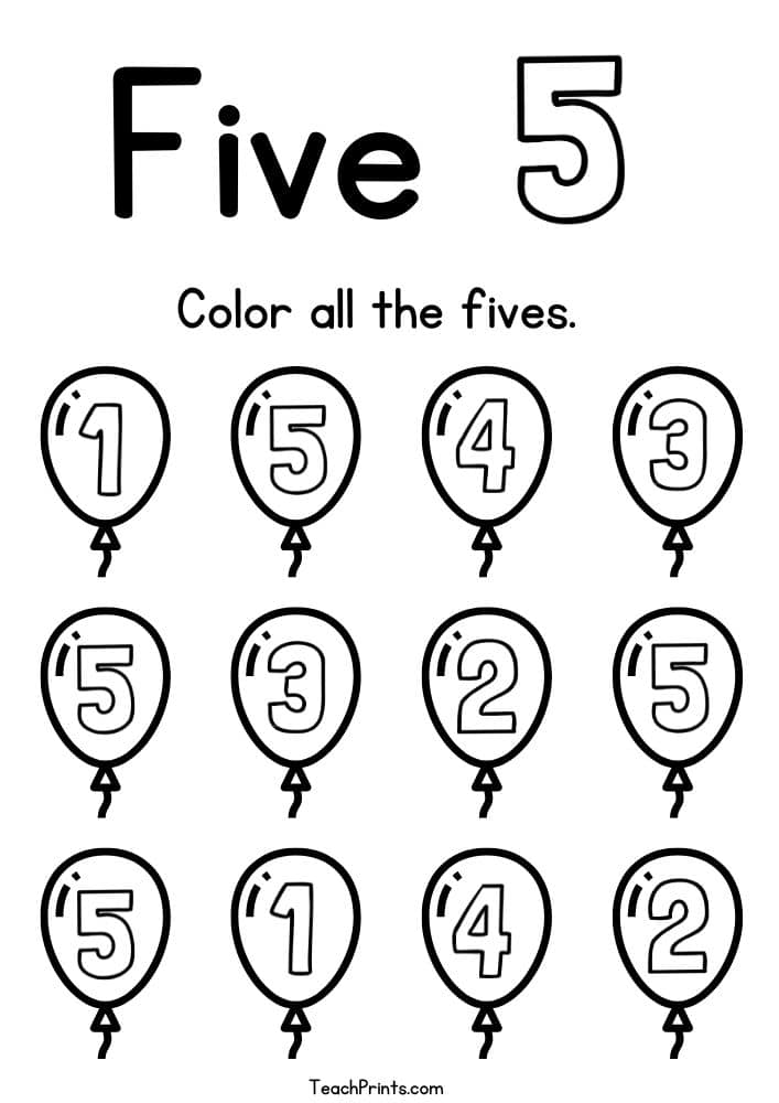 Number worksheet headed “Five,” with an outlined 5 and rows of numbered balloons labeled “Color all the fives.”.