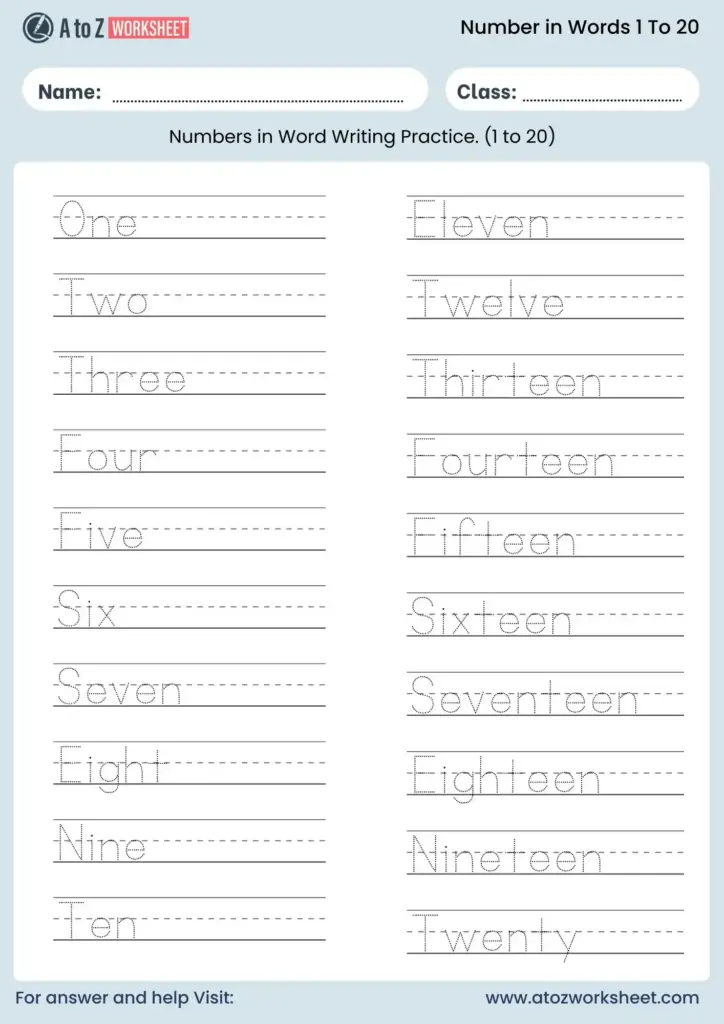 A number-word handwriting worksheet with dotted tracing words from One to Ten and Eleven to Twenty on ruled lines.