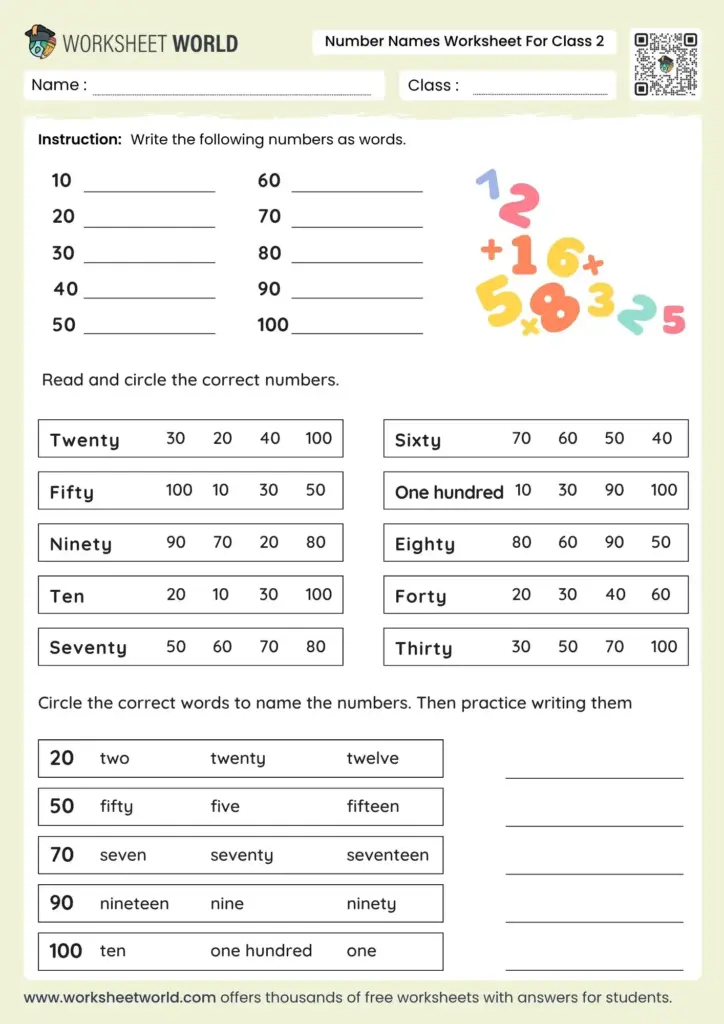 A class 2 number names worksheet with exercises to write numbers as words, match number names to numerals, and choose the correct words for 20, 50, 70, 90, and 100.