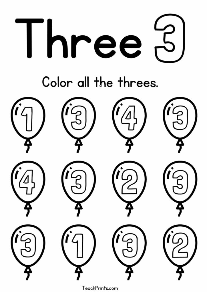 A number-three worksheet with the instruction “Color all the threes” and rows of balloons containing numerals 1, 2, 3, and 4.